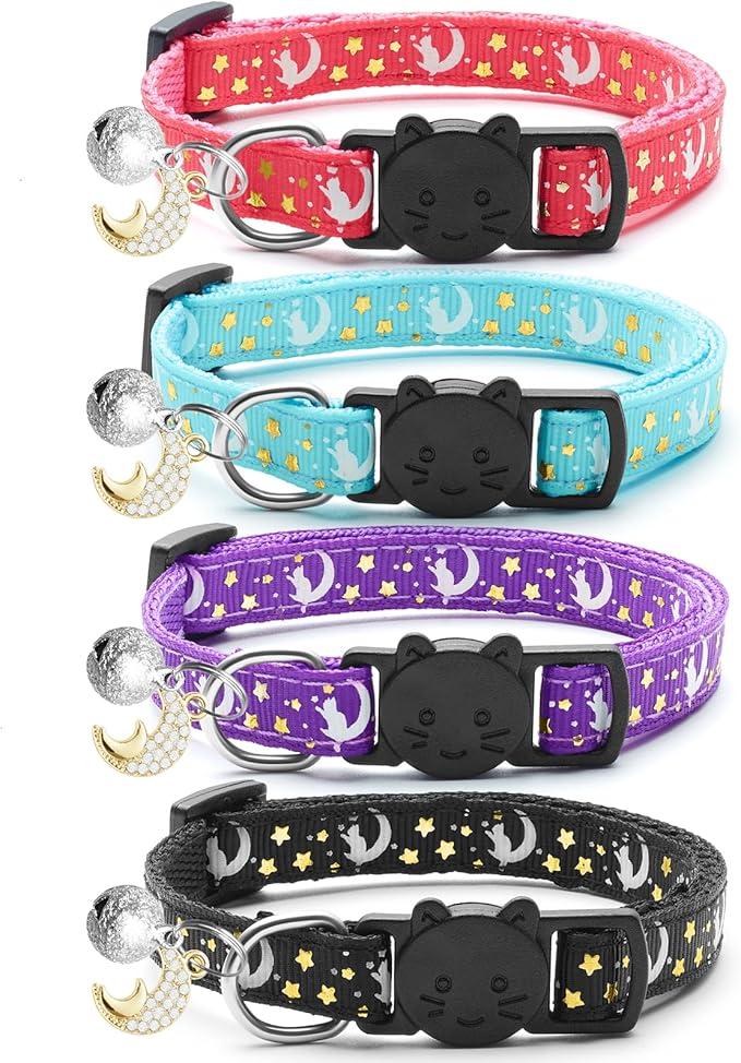 4 PCS Breakaway Cat Collars with Bell Moons Stars,Kitten Collar and Adjustable with Pendant Glow,Cute Kitty Collar for Girl Boy Cats,Pet Gifts,Accessories(4 Colors)