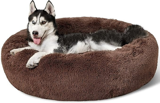 Bedsure Calming Dog Bed for Large Dogs - Donut Washable Large Pet Bed, 36 inches Anti-Slip Round Fluffy Plush Faux Fur Dog Bed, Fits up to 80 lbs Pets, Coffee