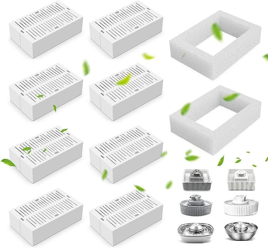 8 Pack Cat Fountain Filter Replacement, Triple Cupcake Cat Fountain Filters, 8 Pet Fountain Carbon Filters and 2 Foam Filters for Ceramic Cat Water Fountain