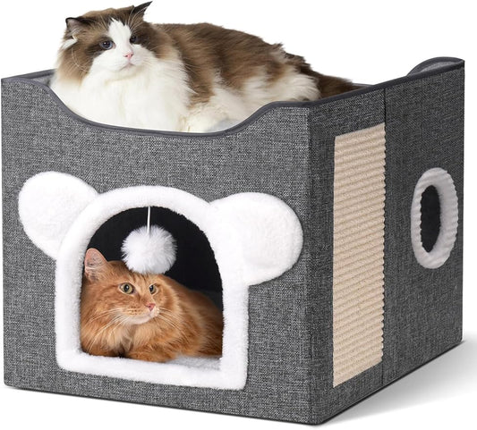 Cat Houses for Indoor Cats, Large Cat Cave with Fluffy Ball and Scratch Pad, Covered Cat Bed House, Foldable Cat Hideaway