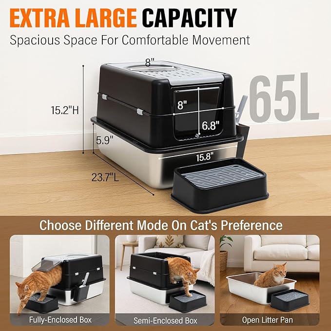 Stainless Steel Litter Box, XL Top Entry Cat Litter Box with Flip Lid, High Side Large Top Front Dual Exit Enclosed Cat Litter Pan Tray with Litter Scoop and Foot Pedal, Easy Cleaning, Anti-Leakage
