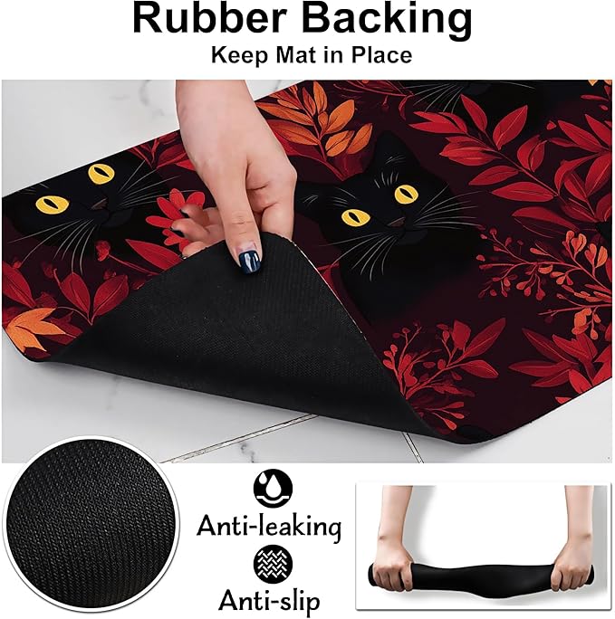 Black Cat Forest Pet Feeding Mat-Quick Dry Absorbent Dog Cat Food Mat, Anti-Slip Water Bowl Mats for Messy Eaters-No Stains Indoor Pet Accessories 16"x24"