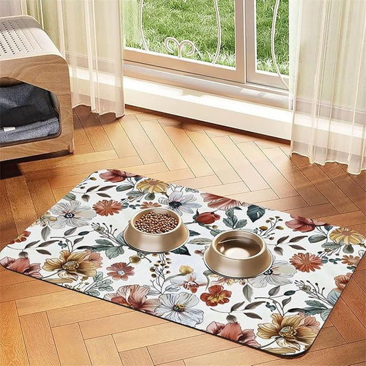 Flowers Pattern Dog Food Mat Absorbent Bowl Mats No Stains Quick Dry Waterproof Pet Cat Placemats for Food and Water, 30x45cm