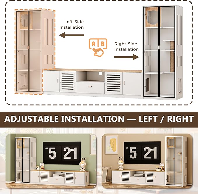 98.4" White TV Stand and Cat Tree Cabinet, 2-in-1 Entertainment Center and Cat Climbing Furniture with Scratching Posts Cat Door, Modern Wooden Design with Storage and Drawer for Living Room