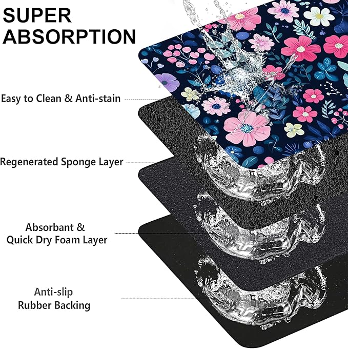 Groovy Wildflowers Pet Feeding Mat-Quick Dry Absorbent Dog Cat Food Mat, Anti-Slip Water Bowl Mats for Messy Eaters-No Stains Indoor Pet Accessories 12"x20"