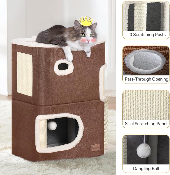 YITAHOME 2-Tier Cat House, Cat Beds for Indoor Cats, Small Cat Condo with Scratch Post, Hideaway Cave, Climbing Stand, Modern Cat Cube Playhouse for Multi Kittens, Brown
