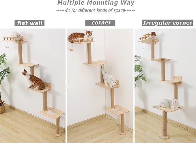 Cat Tree Wall Mounted with 4 Levels Shelves, 73" Wood Corner Tower Inside Kitten Scratching Post for Climbing,Perching and Lounging (Right to Left)