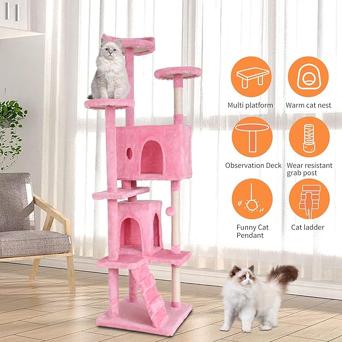 BestPet 70in Cat Tree Tower for Indoor Cats,Multi-Level Cat Furniture Activity Center with Cat Scratching Posts Stand House Cat Condo with Funny Toys for Kittens Pet Play House,Pink