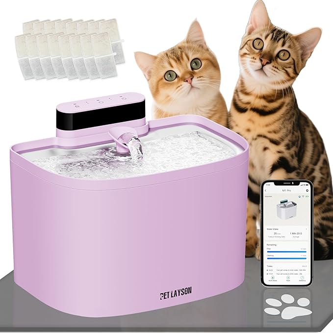 PET LAYSON Pumpless Cat Water Fountain,App Remote Control Smart Cordless Battery Operated 3.6L/122oz Wireless 2.4GHz Wi-Fi Networks Rechargeable Water Dispenser (Pink, M1Pro-16 Filter)