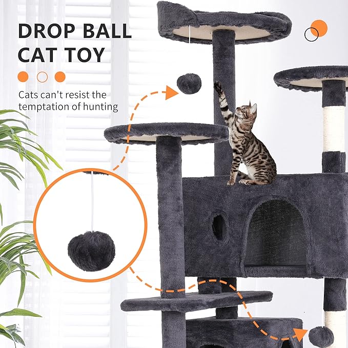 BestPet | 54" Cat Tree Tower | Ashy | Sturdy, Easy to Assemble, Multi-Level Activity Center with Sisal Scratching Posts, Condos, Perches, Hanging Cat Toys, Observation Decks & Ladder