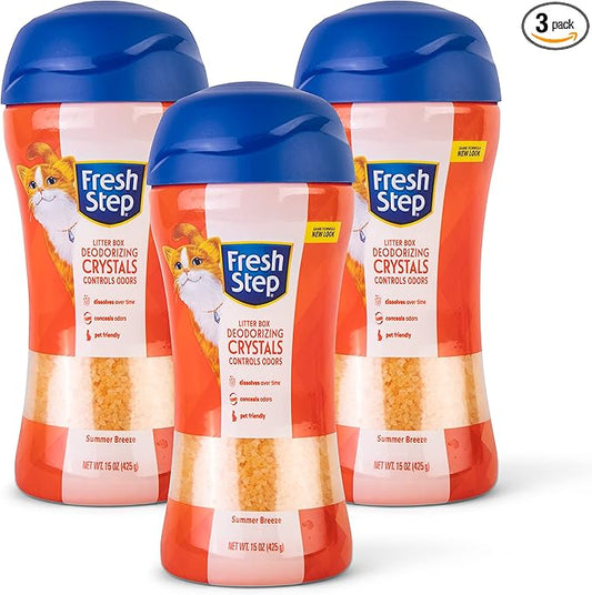 Fresh Step Cat Litter Crystals in Tropical Summer Breeze Scent - Cat Litter Box Deodorizer - Combats Odors and Neutralizes Smells to Keep Your Home Clean, 15 Ounce - 3 Pack