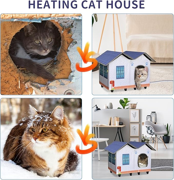 Heated Cat Houses for Indoor/Outdoor Cats with Large Elevated Heated Cat Bed Providing Safe Feral Cats, Easy to Assemble