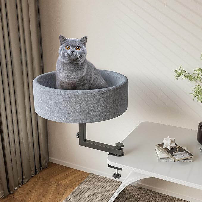 Cat Desk Bed, 360° Rotating Elevated Desk Cat Bed, Adjustable Desk Kitten Bed Up to 55 LBS, Washable Soft Fabric Pet Desks Nest Beds, Modern Indoor Cat Nest Furniture for Home, Office, Study and Room