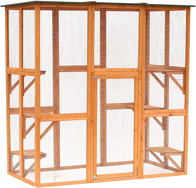 PawHut Outdoor Cat House Big Catio Wooden Feral Cat Shelter Enclosure with Large Spacious Interior, 6 High Ledges, Weather Protection Asphalt Roof, 71" L, Orange