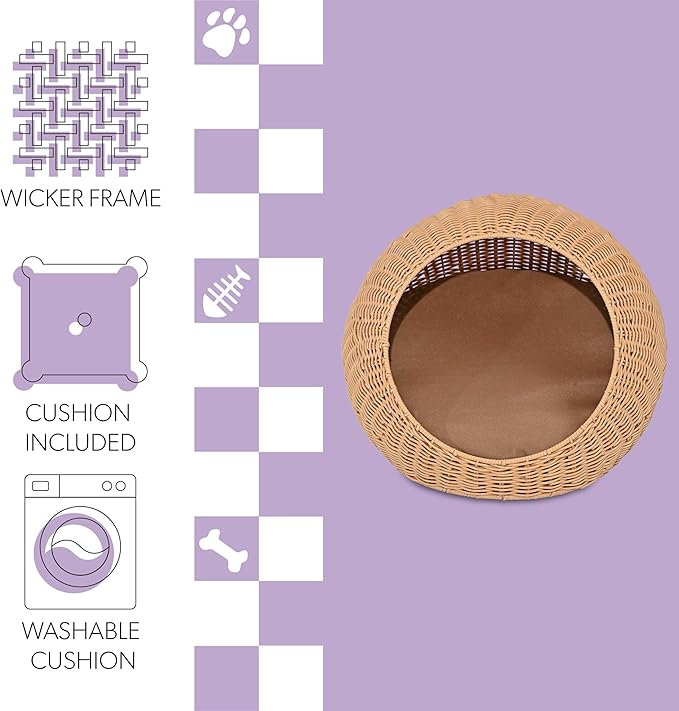 CBD3000A Fiora 19.5" x 18" Modern Circular Faux Wicker Pet Bed with Machine-Washable Cushion, Cat Beds for Indoor Cats, Natural