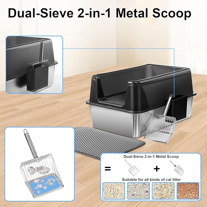 Marchul Stainless Steel Cat Litter Box with High Walls & Metal Scoop/Mat/Scoop Holder, XL Large for Multi-Cat Homes, Anti-Urine Leakage for Heavy Flow Cats