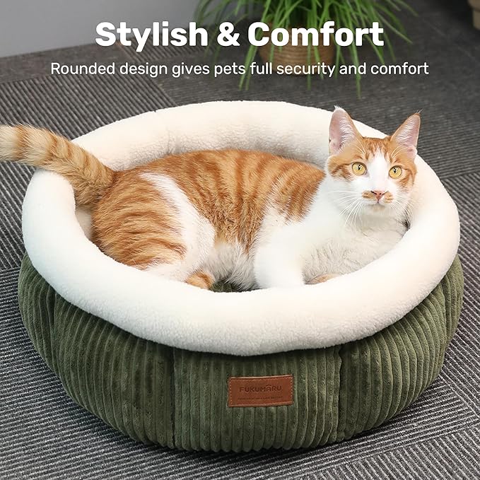 FUKUMARU Cat Bed, Washable Round Cat Beds for Indoor Cats, Soft Fluffy Pet Bed for Cats and Puppy, Corduroy Cute Small Dog Beds, Green