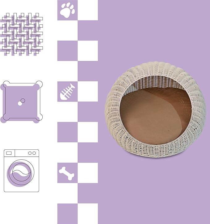 CBD3000C Fiora 19.5" x 18" Modern Circular Faux Wicker Pet Bed with Machine-Washable Cushion, Cat Beds for Indoor Cats, White