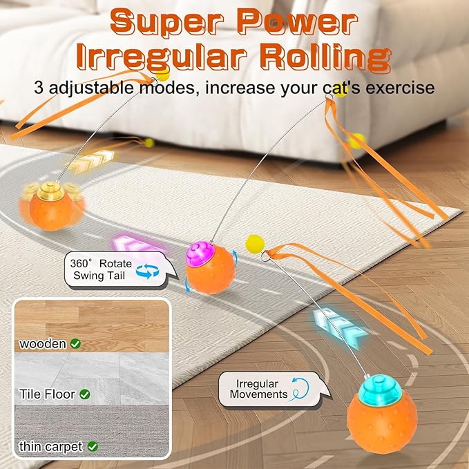 Interactive Cat Toy Ball, Touch Activated Cat Toys for Indoor Cats with Chirping Bird, Automatic Rolling Ball, Rechargeable Self Play Kitten Toys