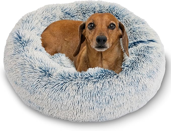Best Friends by Sheri Original Calming Donut Dog and Cat Bed, Shag Faux Fur, Denim Blue, (23in x 23in) - Anxiety Relief for Pets Up to 25 lbs