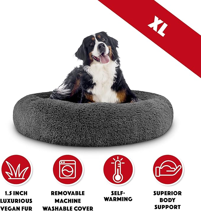 The Dog’s Bed Sound Sleep Donut Dog Bed, XL Steel Grey Fur Calming Nest Bed Removable Cover, Veterinary Approved