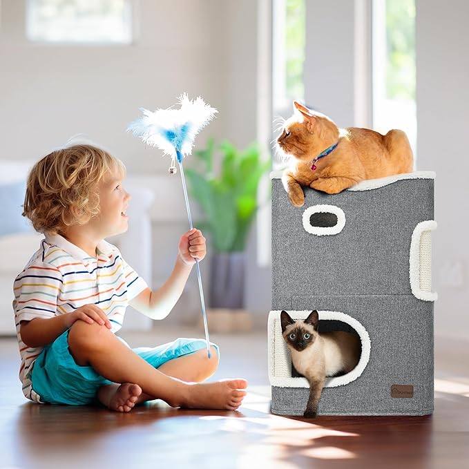 YITAHOME 2-Tier Cat House, Indoor Cat Cave Bed Playhouse, Flannel & Cool Mat, Covered Cat Beds with Scratch Pad and Hideaway Cave, Cute Modern Cat Condo Furniture for Multi Small Cats, Grey