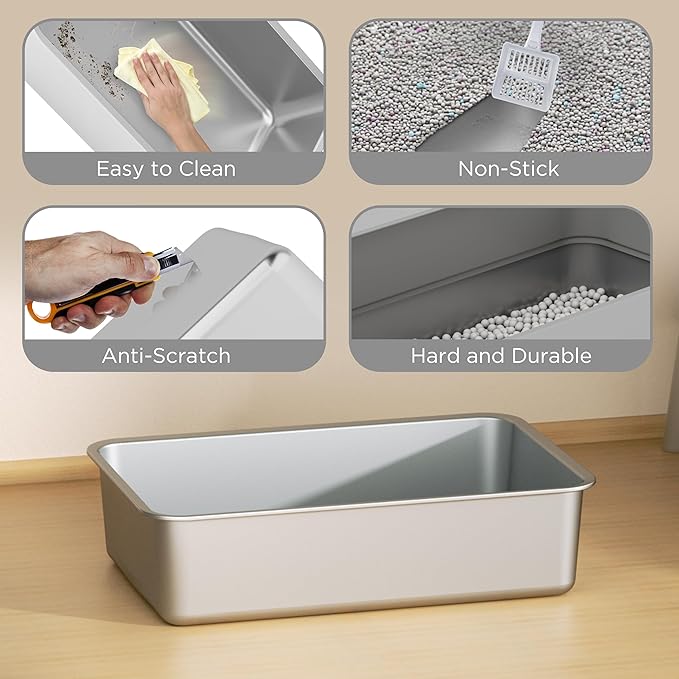 Citylife Stainless Steel Cat Litter Box with Lid, Front & Top Entry Extra Large Metal Kitty Litter Box Enclosure with Scoop & Double Layer Mat, Anti-Leakage, Non-Sticky, Light Grey