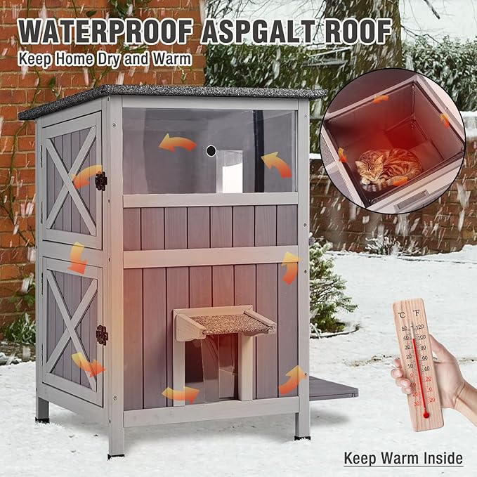 Outdoor Cat House Weatherproof, Heated Feral Cat House with Insulated Liner, 2-Storys Wooden Stray Cat Shelter for Winter