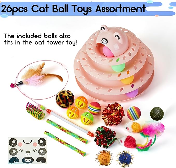 Gefryco 26PCS Cat Toys Roller 4-Level Turntable for Indoor Cats, Self Play Cat Toy Track with Colorful Balls Interactive Kitten Puzzle Toys, Fun Kitty Exercise Toys Set(Pink)