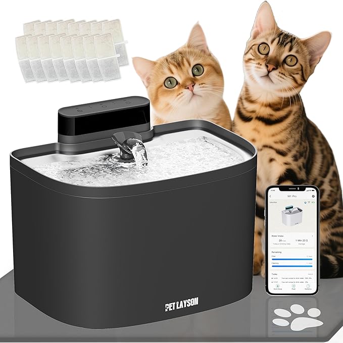 PET LAYSON Pumpless Cat Water Fountain,App Remote Control Smart Cordless Battery Operated 3.6L/122oz Wireless 2.4GHz Wi-Fi Networks Rechargeable Water Dispenser (Black, M1Pro-16 Filter)