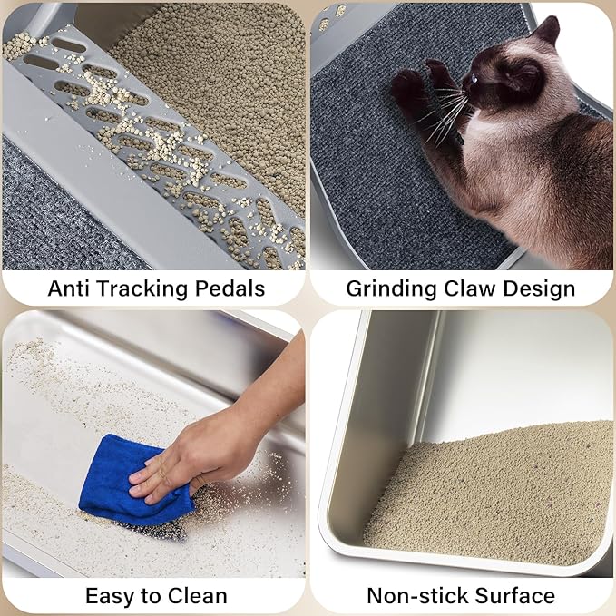 XL Stainless Steel Litter Box with Lid, 24"x16"x12" Extra Large Cat Litter Box High Sides with Ladder, Anti-Urine Leakage Metal Litterbox for Senior Elderly Cats, Never Absorbs Odors, Non-Stick