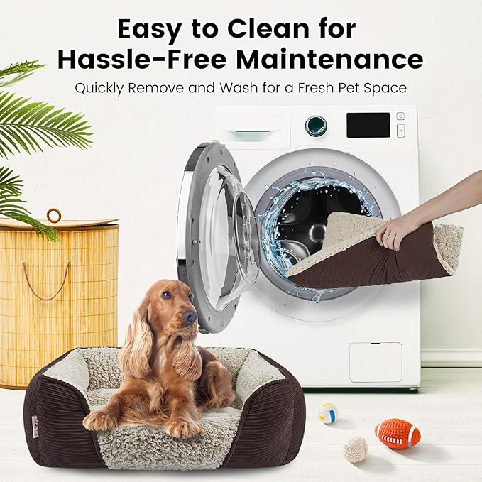 Miguel Washable Dog Bed with Removable Cushion for Small Dogs, Easy to Wash Pet Sofa Bed with Side, Rectangle Bolster Cat Bed Calming Cuddle Puppy Bed with Anti-Slip Bottom, Dark Brown 18 Inch