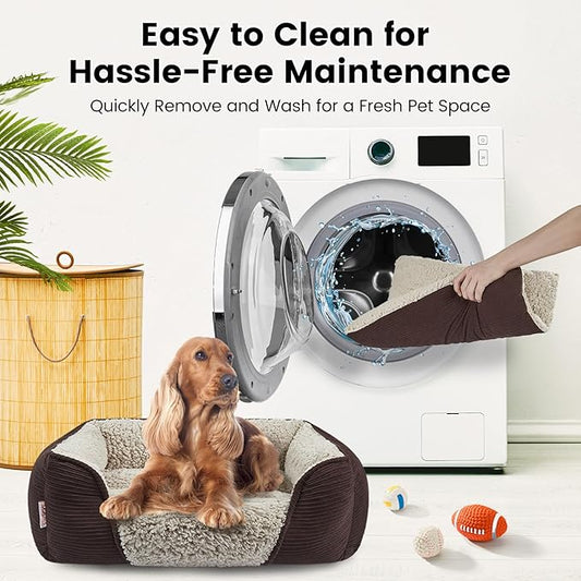 Miguel Washable Dog Bed with Removable Cushion for Small Dogs, Easy to Wash Pet Sofa Bed with Side, Rectangle Bolster Cat Bed Calming Cuddle Puppy Bed with Anti-Slip Bottom, Dark Brown 20 Inch
