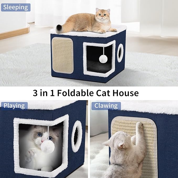 Cat House Bed for Indoor Cats, Large Cat Cave with Cozy Condo, Fluffy Hanging Ball, Scratch Pad, Hide-and-Seek, Foldable Indoor Cat House Hideaway with Double-Sided Soft Cushions for All Seasons, Blue