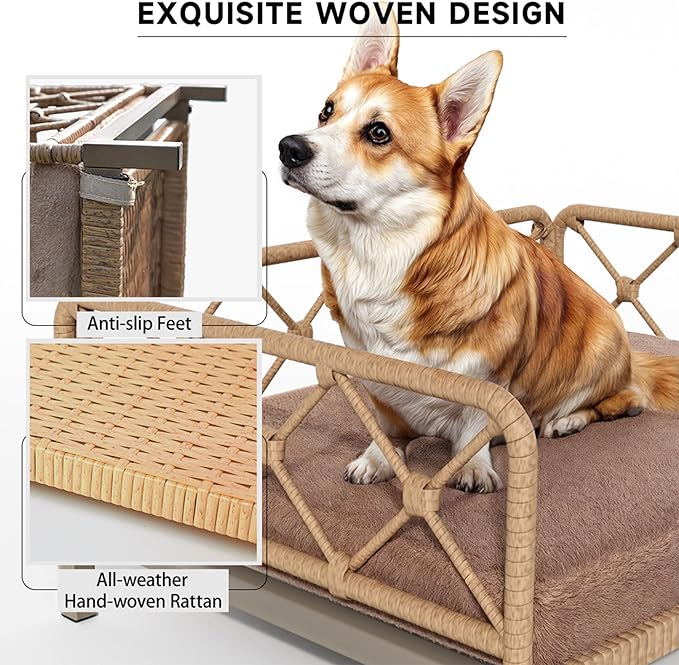 Dog Bed with Cushion, Cooling Elevated Raised Beds with Rattan Breathable Mesh and Universal Mat, Indoor & Outdoor Pet Cots for Small Dog, Brown