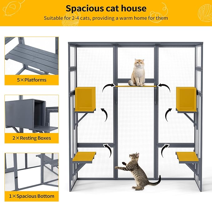 71Inches Large Wood Catio Outdoor Cat Enclosure with Perches and Condos, Cat House Indoor with Waterproof Roof, Cat Shelter 5 Platforms & 2 Resting Box, UV Resistant (Grey)