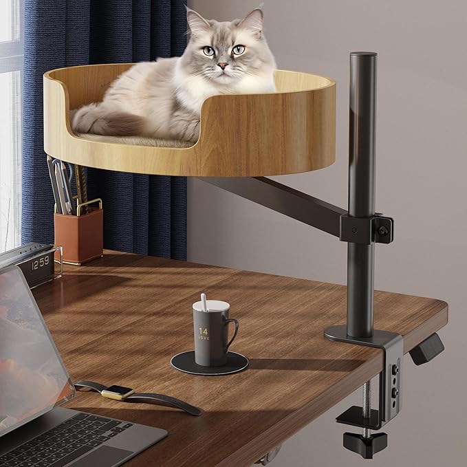 Cat Desk Bed – Cat Bed for Indoor Cats with Adjustable Height&360° Rotation, Elevated Desk Nest Cats Beds for Table, Desktop Cat's Hammock for Small Space, Wooden Cat's Bed Desktop Kitten Furniture