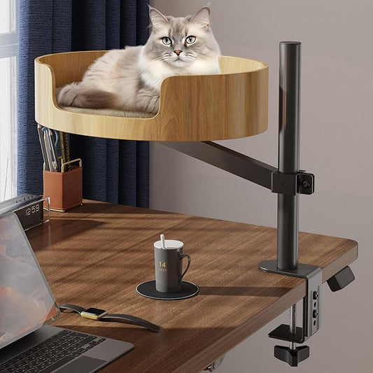 Cat Desk Bed – Cat Bed for Indoor Cats with Adjustable Height&360° Rotation, Elevated Desk Nest Cats Beds for Table, Desktop Cat's Hammock for Small Space, Wooden Cat's Bed Desktop Kitten Furniture