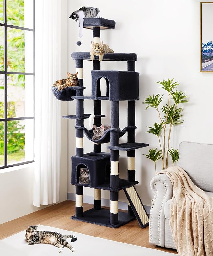 AMHANCIBLE Large Cat Tree, 83 Inch Multi-Level Tall Tower for Indoor Adult Cats, with Scratching Post and Board, Hammock, Condos, Hanging Basket, Activity Center to Play and Sleep, Dark Grey, PT21DG