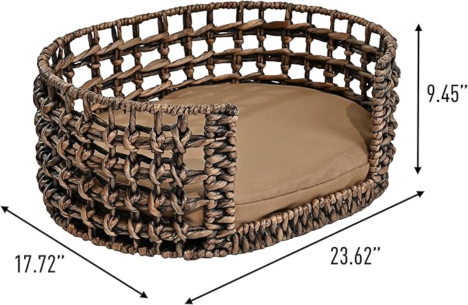 DBD4000B Gigi 24" x 18" Modern Bohemian Handwoven Hyacinth Open-Weave Oval Pet Bed with Machine-Washable Cushion, Brown