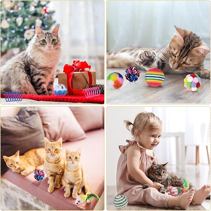 Shappy 150 Pcs Cat Toys Bulk Kitten Toys Pack Variety Funny Interactive Gift Including Mice Rainbow Balls Spring Crinkle Balls for Indoor Cat Kitty Kitten(Classic)
