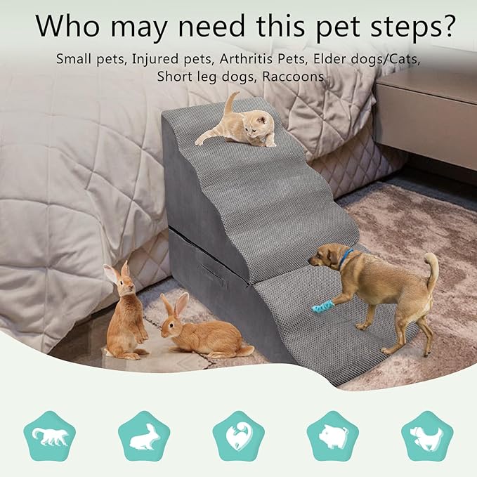 Dog Steps for Beds 30 inches Tall, 35D High Density Foam Dog Stairs for High Bed 28-30 inches, Non-Slip Bottom 6-Step Dogs Ramp/Ladder Pet Steps for Small Elder Dogs/Cats, Grey