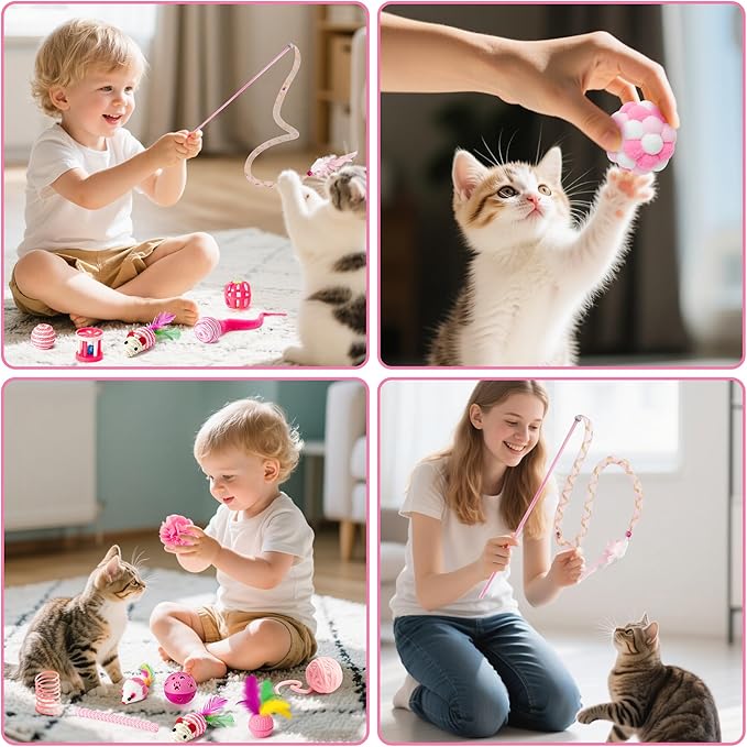 MALLMALL6 Cat Interactive Toys Set - 27Pcs Kitten Toys Stuff Pink Feather Teaser Wand Springs Mice Sisal Fish Crinkle Balls Bell Balls, Puzzle Gift Pack for Indoor Kitty Play Exercise