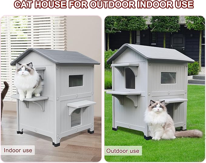 Rockever Plastic Outdoor Cat House with Soft Mat, Insulated Outdoor Cat Houses for Winter, Waterproof 2 Story Outside Cat Shelter, Clean and Assemble Easily