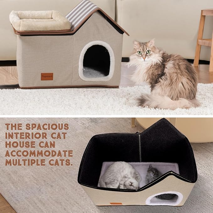 Topmart Cat House with Cat Bed, Large Indoor Condo, 2-in-1 Pet Bed for Kitten and Small Cat, Beige, Grey