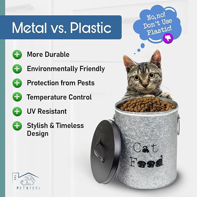 Medium Cat 30lb Pet Food Storage Canister with Scoop – Durable & Airtight for Freshnesss, Minimalist Design & Recyclable, Huge Large Metal Container (Cat Bin - Medium Size)