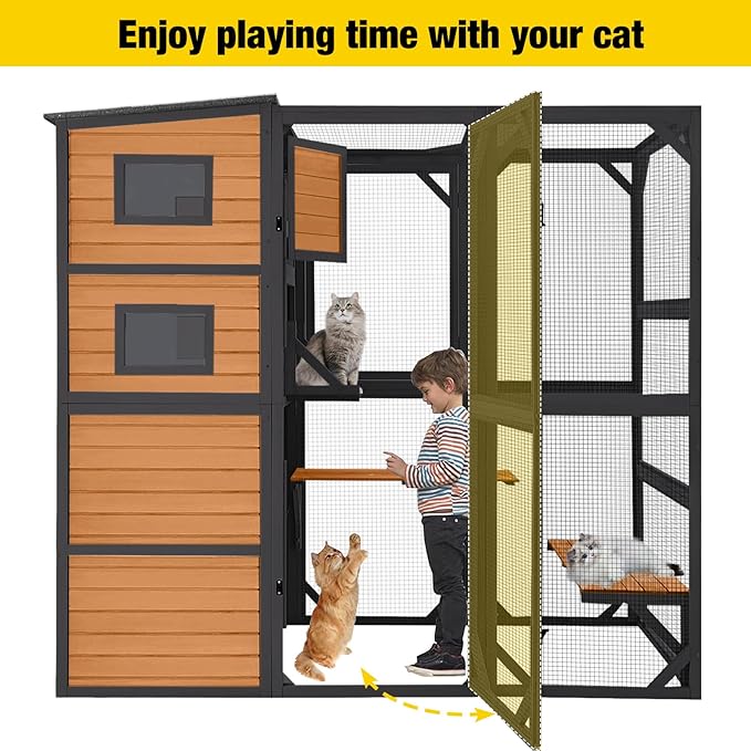 Aivituvin Large Cat Catio 4 Tiers Cat Enclosures House for Outdoor Indoor Cats with Weatherproof Roof, 3 Resting Rooms, 3 Platforms, 5 Windows 70" H 77" L