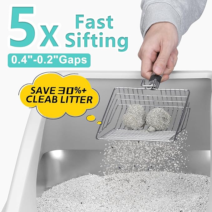 Stainless Steel Litter Box | XXL Deepened 8" Design Enclosed Cat Litter Box with Lid for Big Cats | High Sided, Anti-Urine Leakage | Non-Stick Bottom & Includes Litter Mat & Metal Scoop