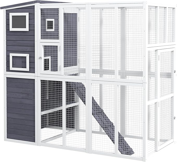 PawHut Catio Outdoor Cat Enclosure, Wooden Cat Patio with Platforms, Waterproof Asphalt Roof, Ramps, 77" L, Light Gray