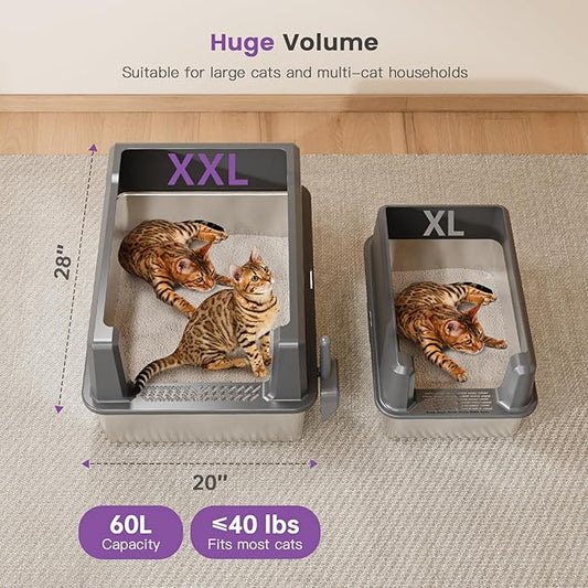 XXXL Stainless Steel Cat Litter Box with High Sides, 28" L x 20" W x 14" H Extra Large Litter Box for Big Cats and Multiple Cats, Enclosure Cat Litter Pan with Anti-Urine Leakage, Easy Clean